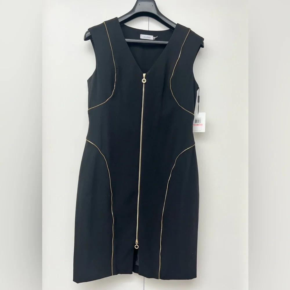 CALVIN KLEIN | Black Sheath Dress with Accent Contouring Gold Zipper Piping - Picture 5 of 12